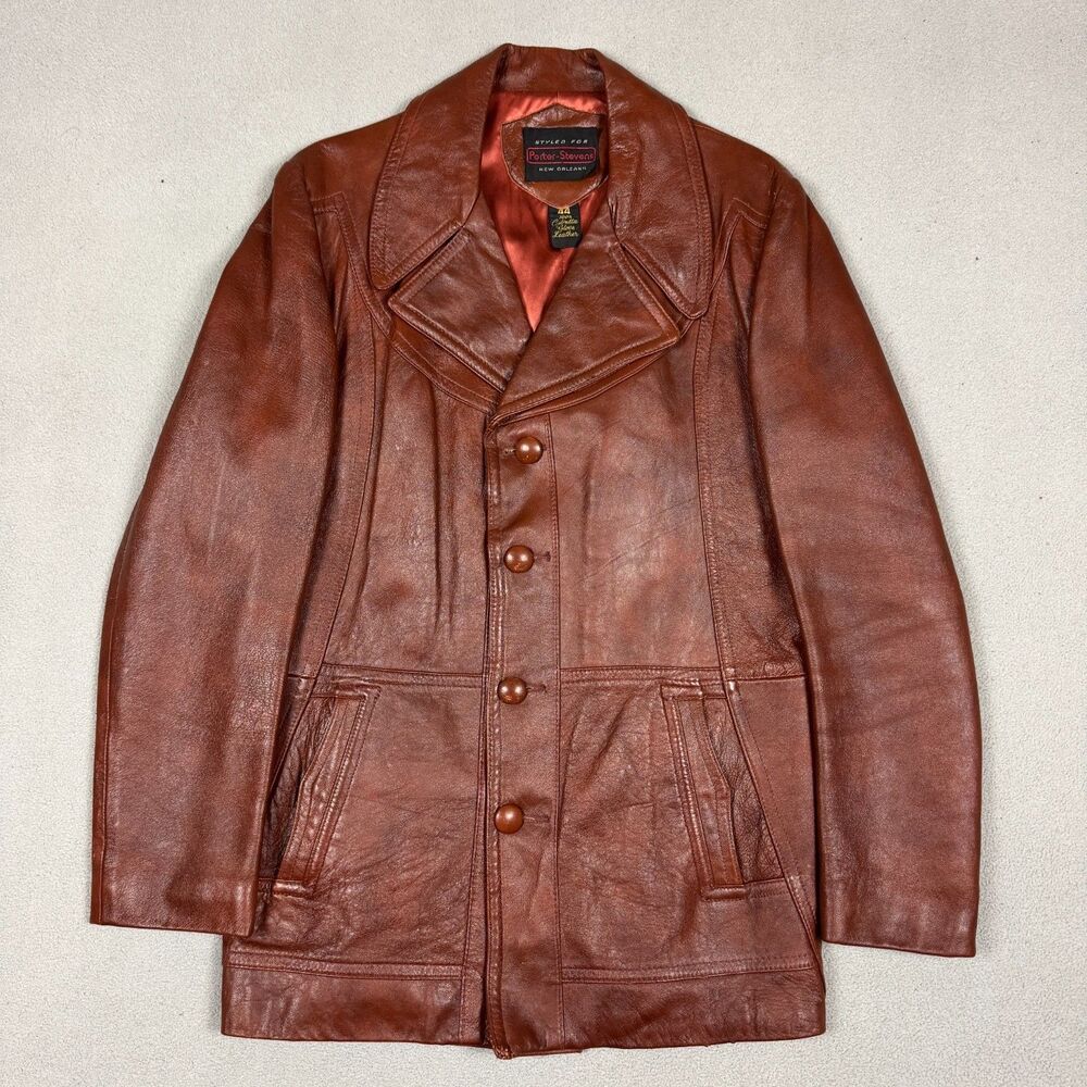 Vintage 70s Leather Car Coat Men's Medium 38-40 Brown Cabretta Trench Jacket 44